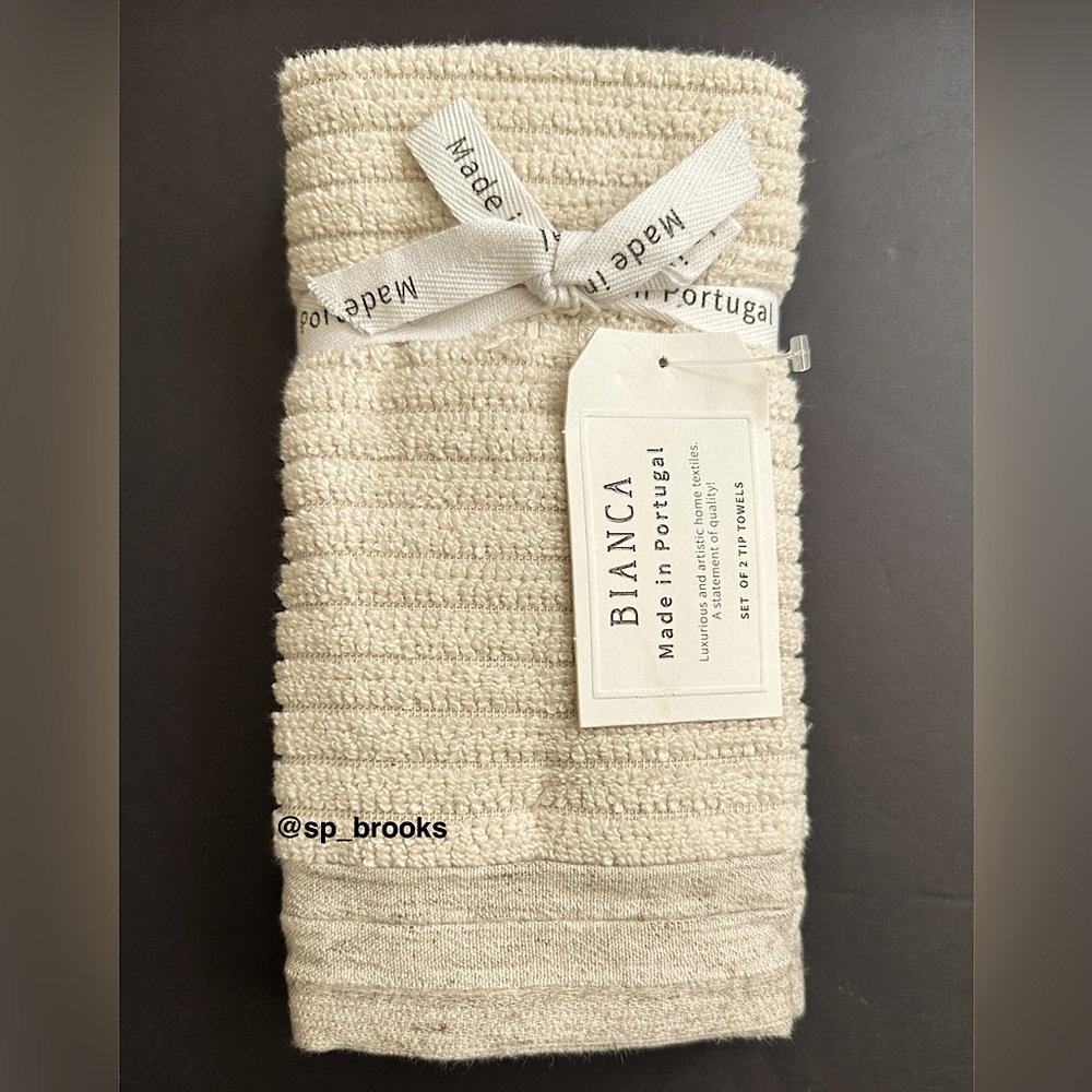 🎁2PC BIANCA Tip Towels -Cotton- Dark Oatmeal with Taupe Wide Ridged Woven Border